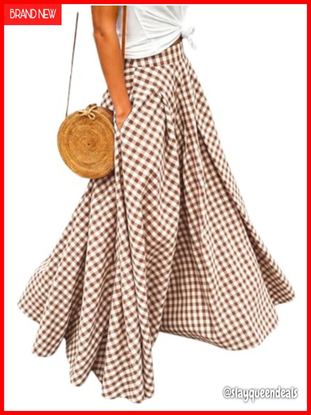 Womens Plaid Maxi Skirt 100% Polyester Elastic Waist A-Line with Pockets
